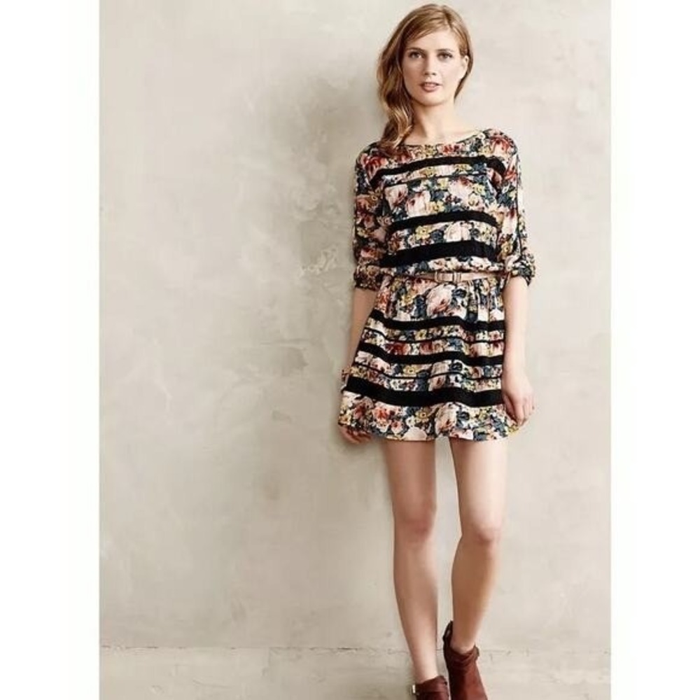 Holding Horses Anthropologie Floral Lace Stripe Long Sleeve Dress SMALL Boho